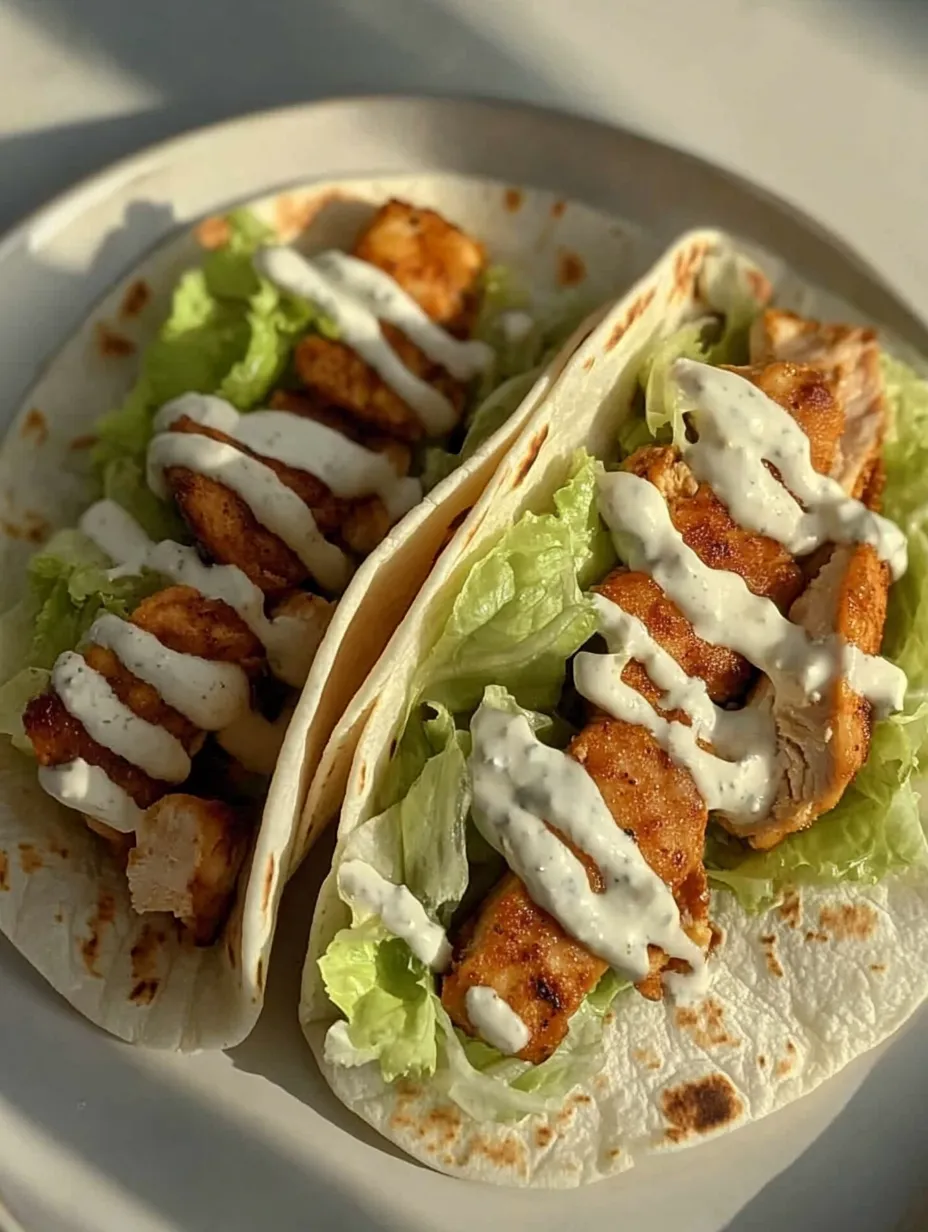 Two pieces of chicken with lettuce and white sauce on a white plate.