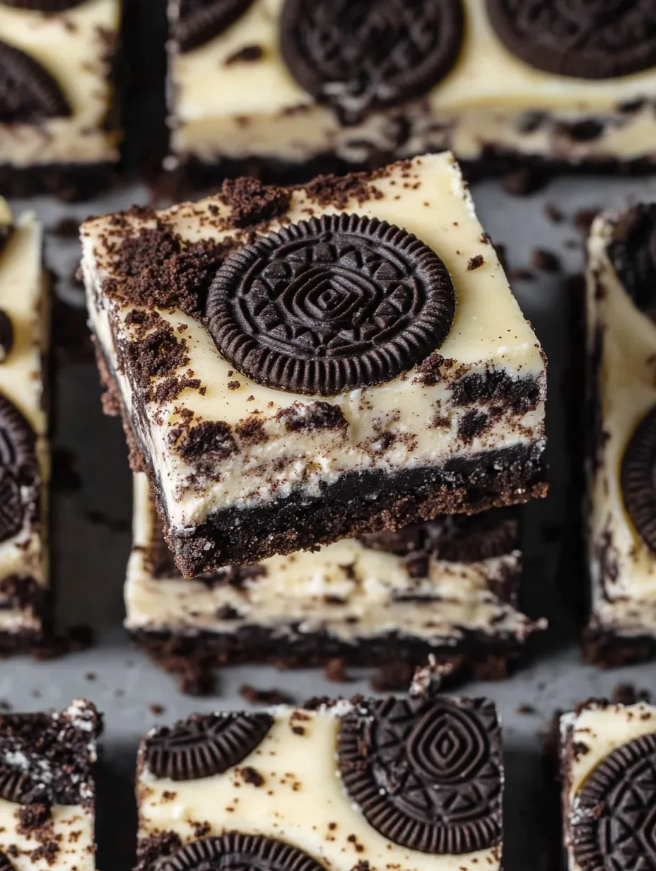 A square of chocolate cake with an Oreo cookie on top.