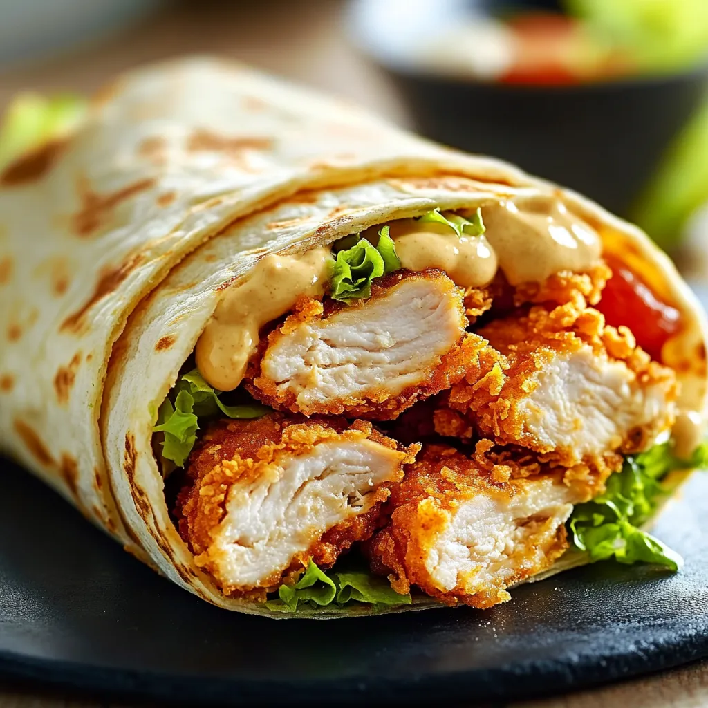 A delicious wrap filled with chicken and lettuce.