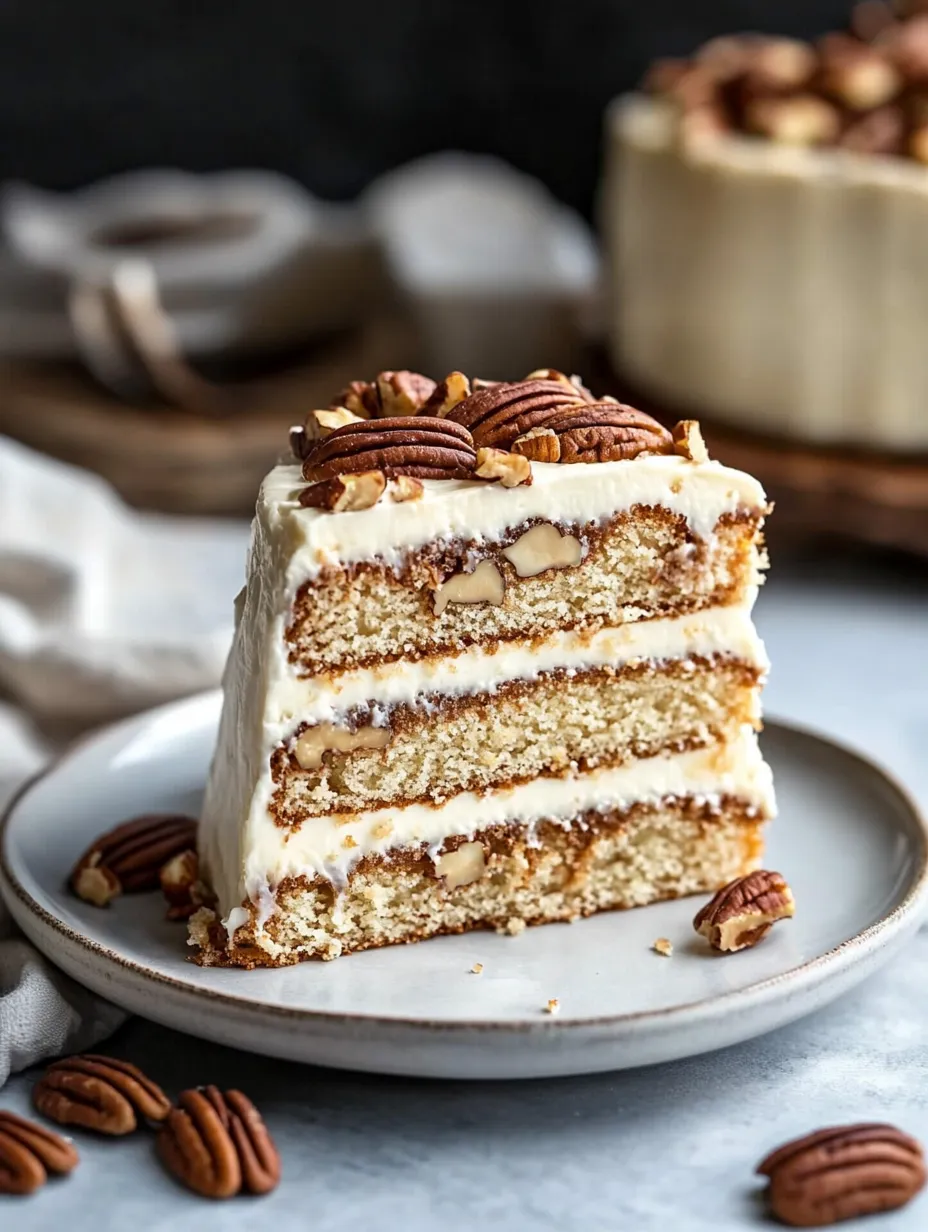 A slice of cake with nuts on top.