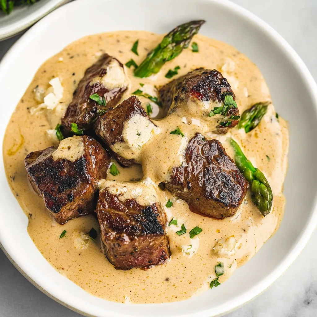 A white bowl filled with meat and vegetables, including asparagus, sits on a table.