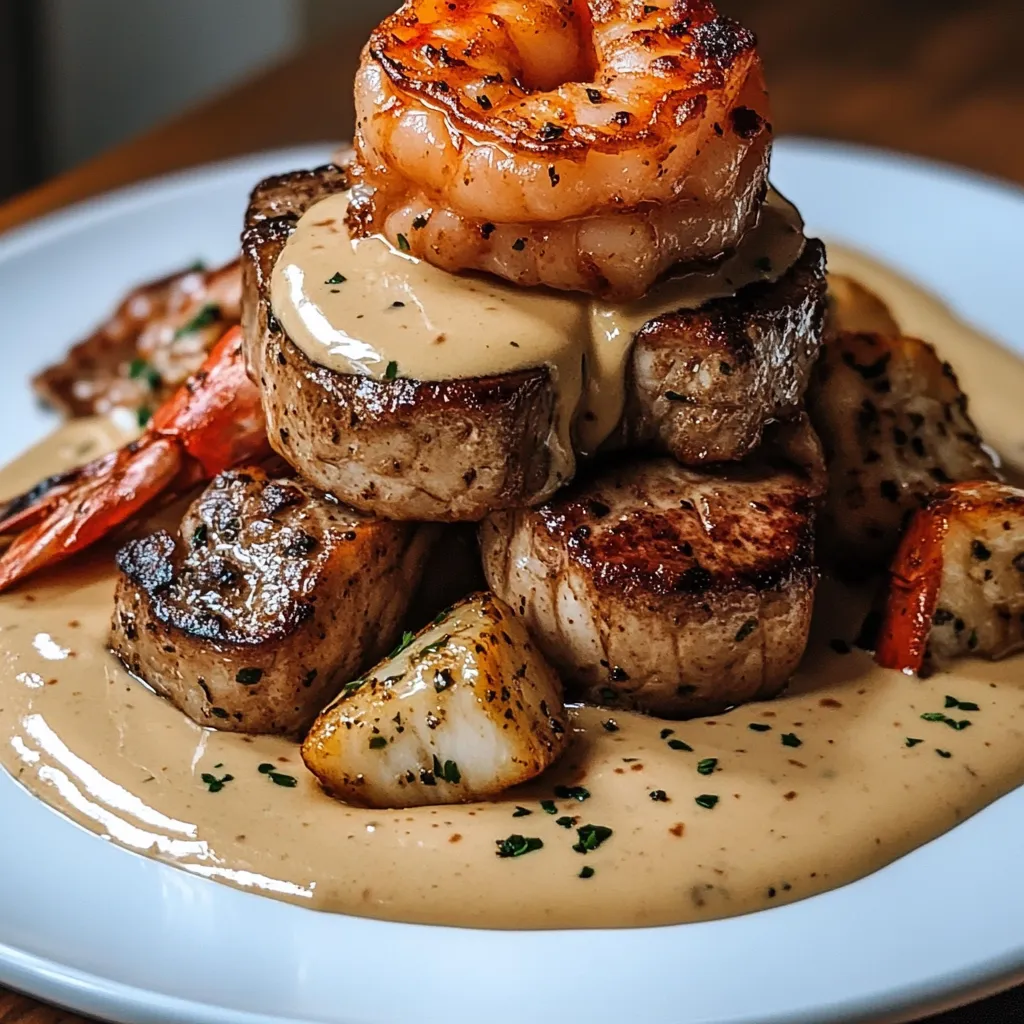 A white plate with a stack of meat and shrimp covered in a creamy sauce.