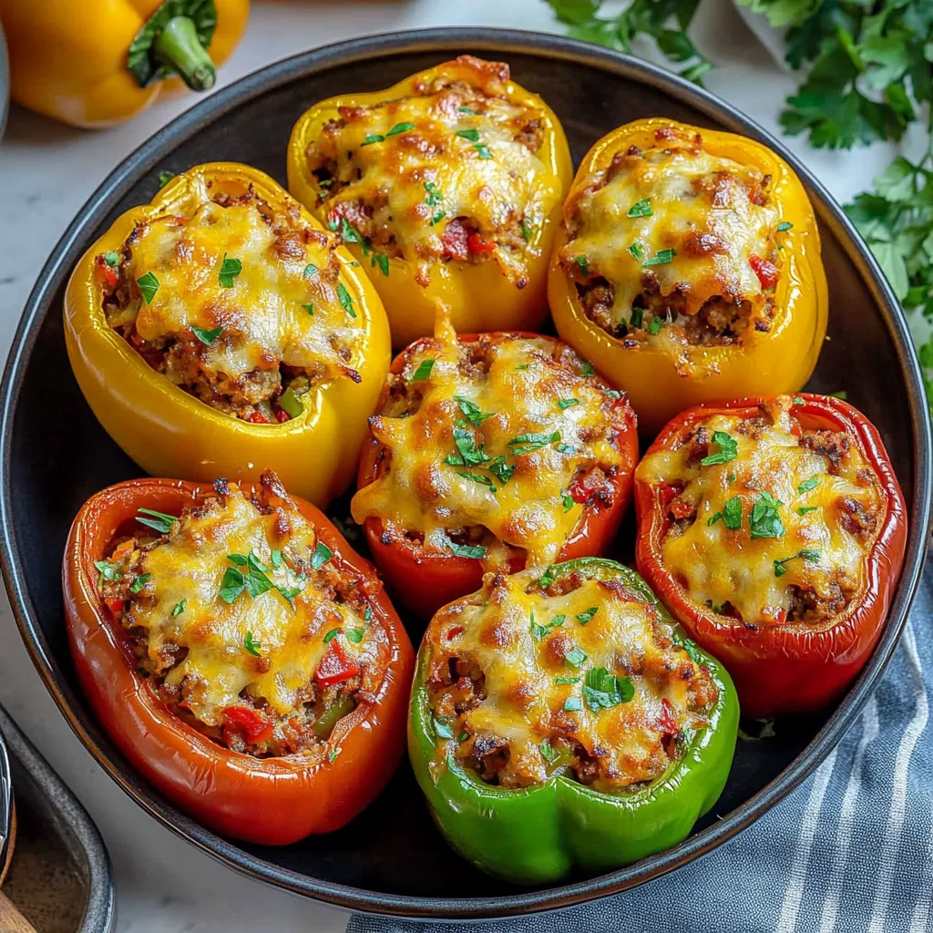 A bowl of peppers with cheese and meat in it.