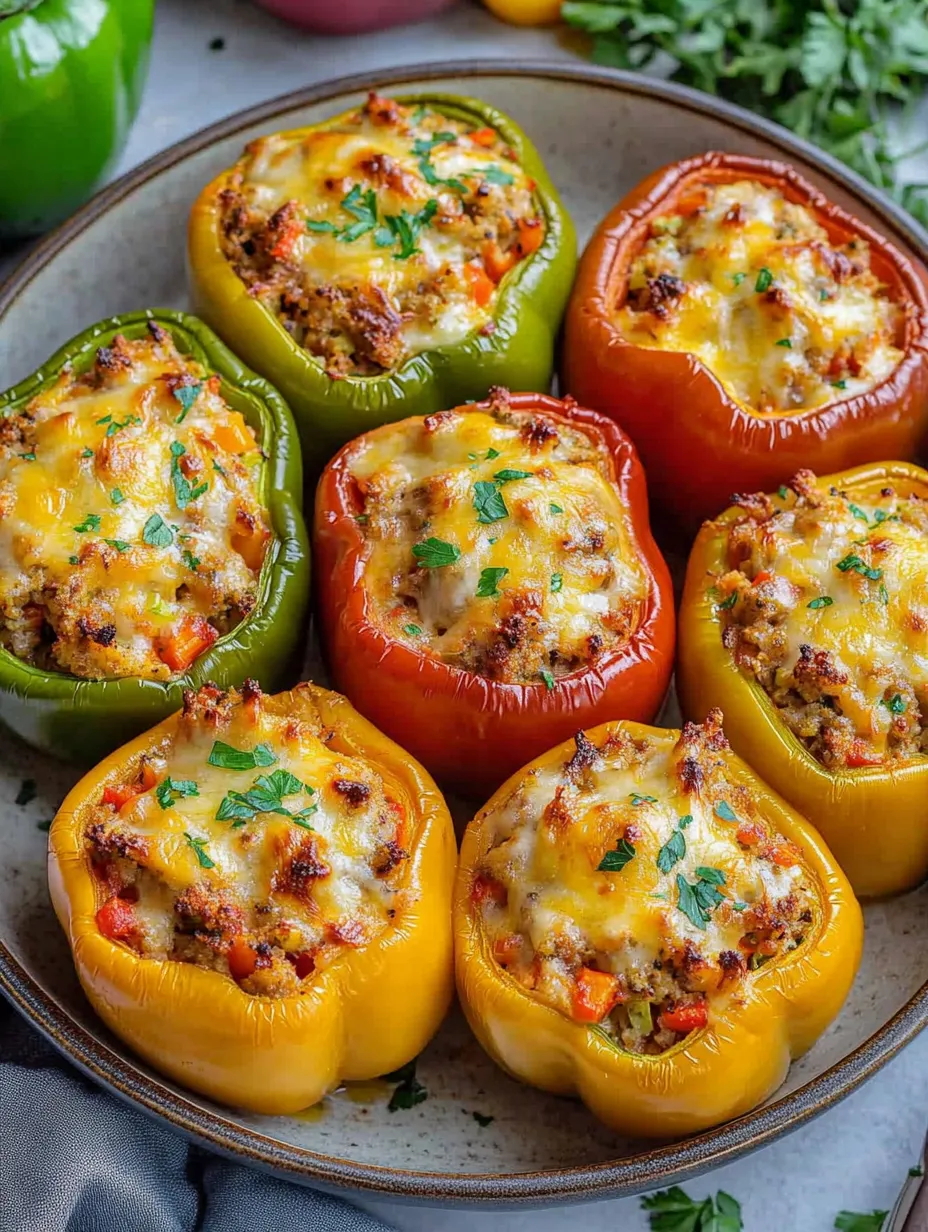 A plate of six different colored peppers with cheese.