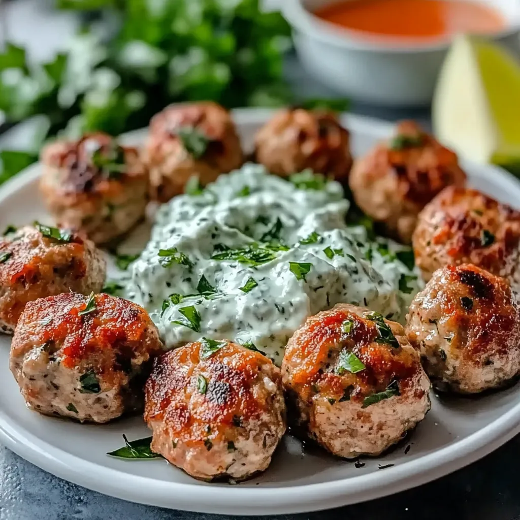 A plate of meatballs with a white sauce and a bowl of soup.