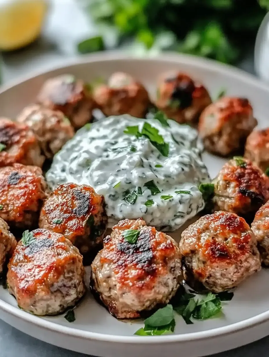 A plate of meatballs with a white sauce and a side of a white sauce.