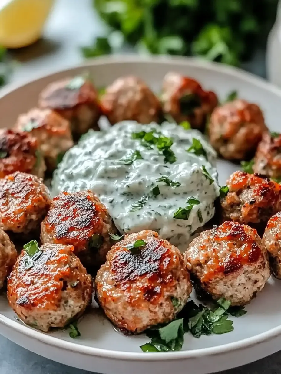 A plate of meatballs with a white sauce on top.