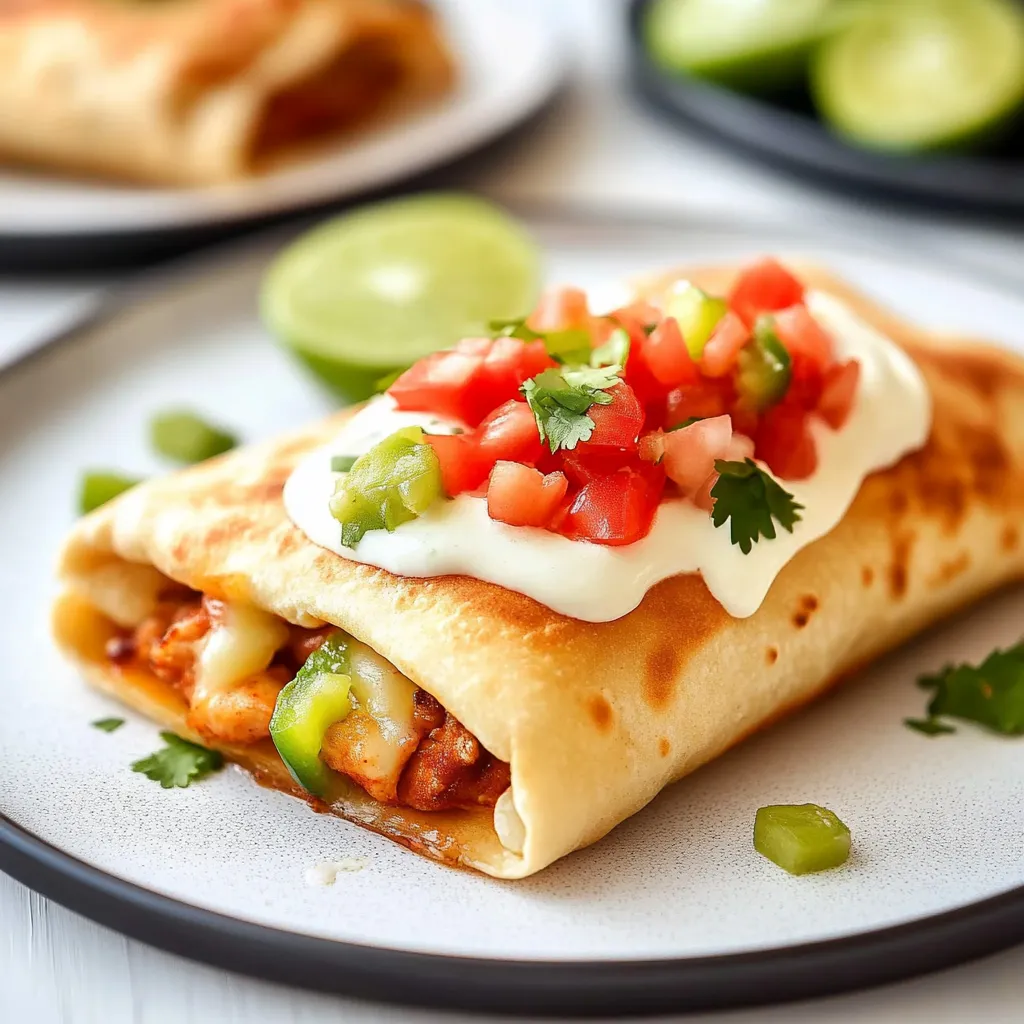 A delicious Mexican meal with a burrito filled with meat and vegetables, topped with sour cream and tomatoes.