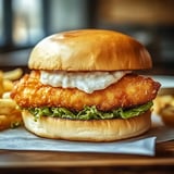 A fish sandwich with a white sauce on a bun.