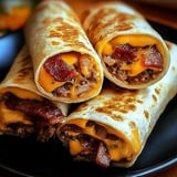 Three burritos with cheese and bacon on a black plate.