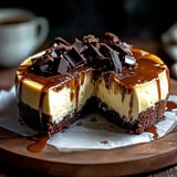 A slice of chocolate cake with chocolate drizzle on a wooden cutting board.