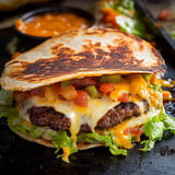 A delicious burger with lettuce and cheese on a black plate.