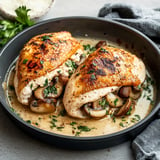 Two pieces of chicken with mushrooms and herbs in a bowl.