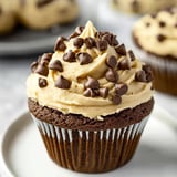 A cupcake with chocolate frosting and chocolate chips on top.