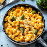 A bowl of macaroni and cheese with broccoli on top.