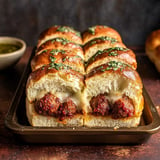 A tray of bread with meat and cheese in it.