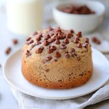 A plate with a cake covered in chocolate chips.