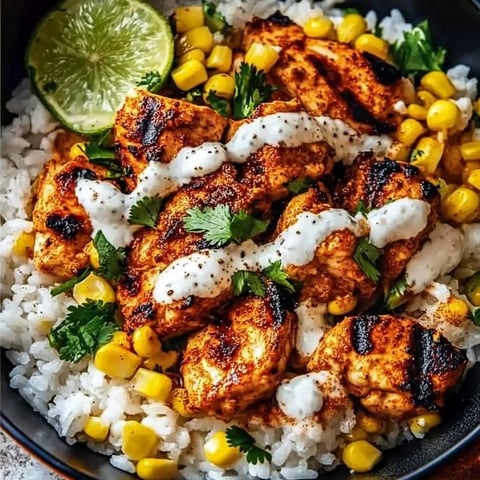 A bowl of rice with chicken and vegetables.