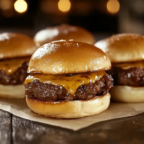 Four hamburgers with cheese on a plate.