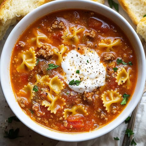 A bowl of soup with pasta and meat in it.