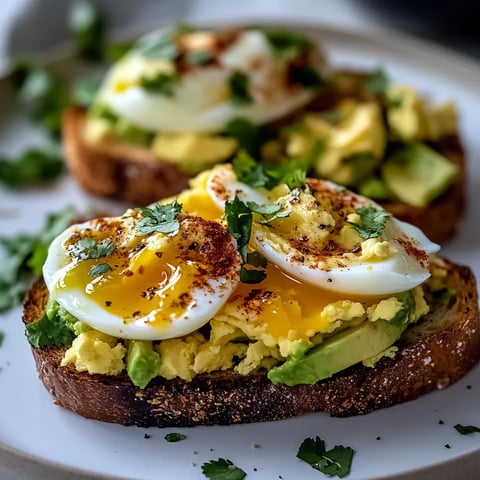 Two pieces of toast with eggs on top, served on a white plate.