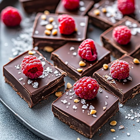 A plate of chocolate desserts with raspberries on top.