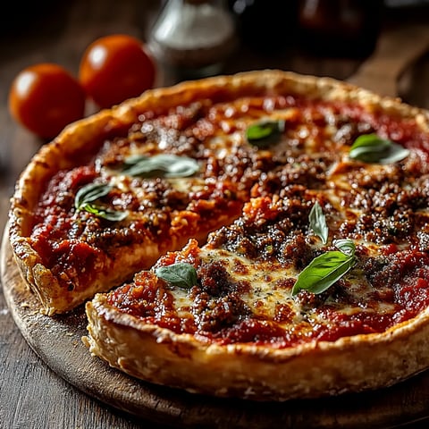 A pizza with meat and vegetables on a wooden board.