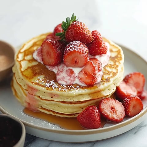 A stack of pancakes with strawberries on top.