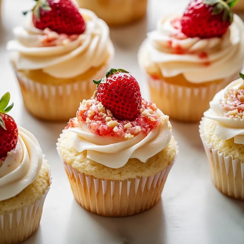 A white cupcake with a strawberry on top.