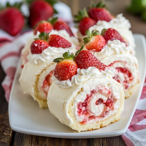 A plate with a cake roll and strawberries on it.