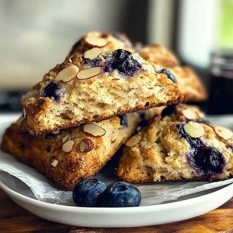 A plate of blueberry muffins with almonds on top.