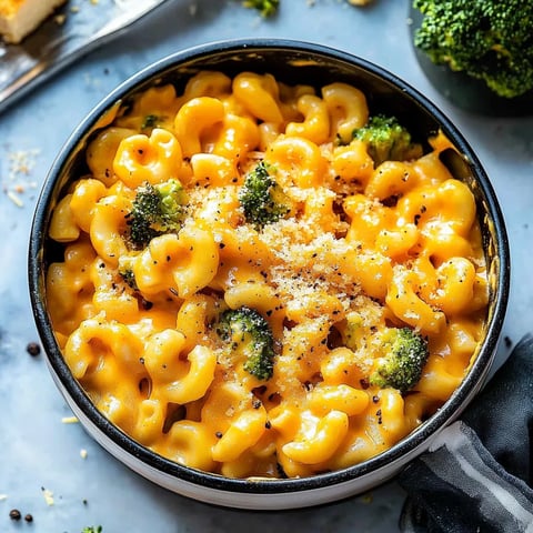 A bowl of macaroni and cheese with broccoli on top.